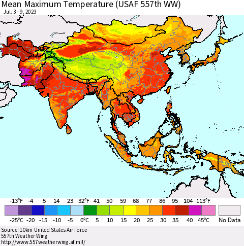 Asia Mean Maximum Temperature (USAF 557th WW) Thematic Map For 7/3/2023 - 7/9/2023
