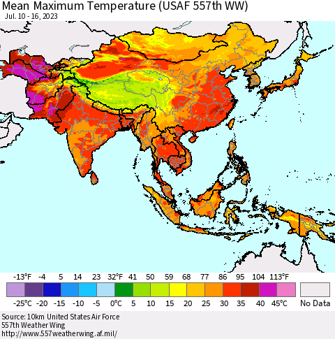 Asia Mean Maximum Temperature (USAF 557th WW) Thematic Map For 7/10/2023 - 7/16/2023