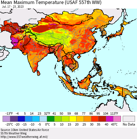 Asia Mean Maximum Temperature (USAF 557th WW) Thematic Map For 7/17/2023 - 7/23/2023