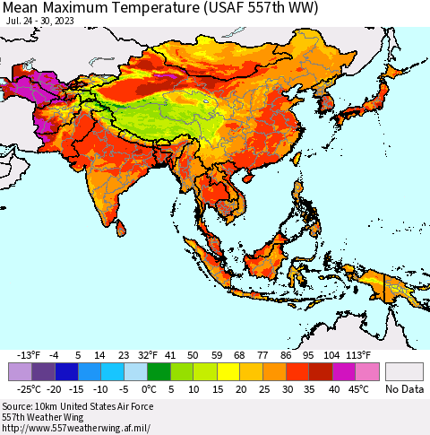 Asia Mean Maximum Temperature (USAF 557th WW) Thematic Map For 7/24/2023 - 7/30/2023