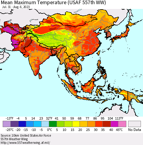 Asia Mean Maximum Temperature (USAF 557th WW) Thematic Map For 7/31/2023 - 8/6/2023
