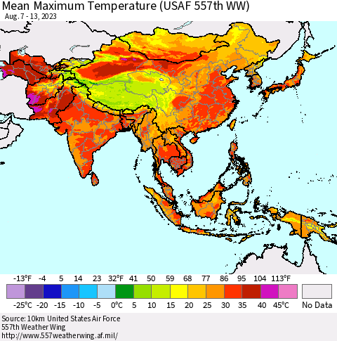Asia Mean Maximum Temperature (USAF 557th WW) Thematic Map For 8/7/2023 - 8/13/2023