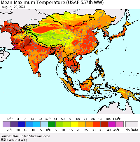 Asia Mean Maximum Temperature (USAF 557th WW) Thematic Map For 8/14/2023 - 8/20/2023