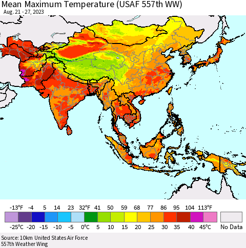 Asia Mean Maximum Temperature (USAF 557th WW) Thematic Map For 8/21/2023 - 8/27/2023