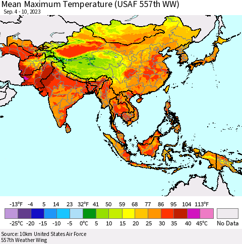 Asia Mean Maximum Temperature (USAF 557th WW) Thematic Map For 9/4/2023 - 9/10/2023