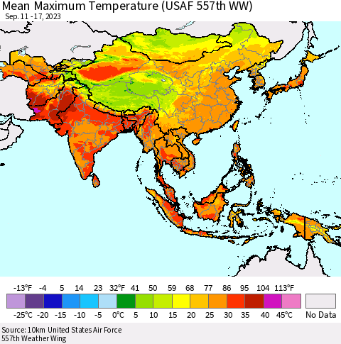 Asia Mean Maximum Temperature (USAF 557th WW) Thematic Map For 9/11/2023 - 9/17/2023