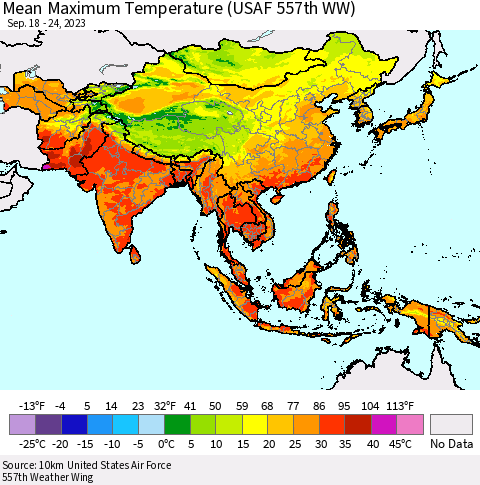 Asia Mean Maximum Temperature (USAF 557th WW) Thematic Map For 9/18/2023 - 9/24/2023