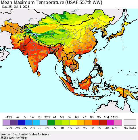 Asia Mean Maximum Temperature (USAF 557th WW) Thematic Map For 9/25/2023 - 10/1/2023