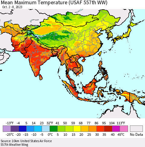 Asia Mean Maximum Temperature (USAF 557th WW) Thematic Map For 10/2/2023 - 10/8/2023