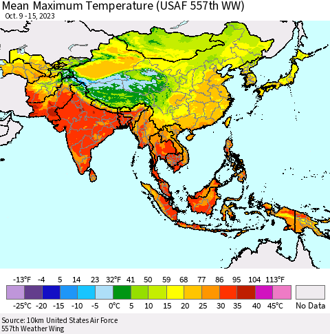 Asia Mean Maximum Temperature (USAF 557th WW) Thematic Map For 10/9/2023 - 10/15/2023