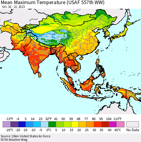 Asia Mean Maximum Temperature (USAF 557th WW) Thematic Map For 10/16/2023 - 10/22/2023
