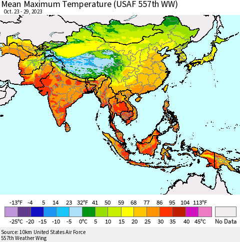 Asia Mean Maximum Temperature (USAF 557th WW) Thematic Map For 10/23/2023 - 10/29/2023
