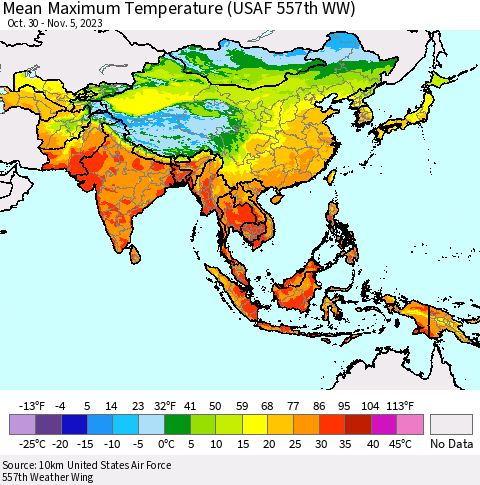 Asia Mean Maximum Temperature (USAF 557th WW) Thematic Map For 10/30/2023 - 11/5/2023