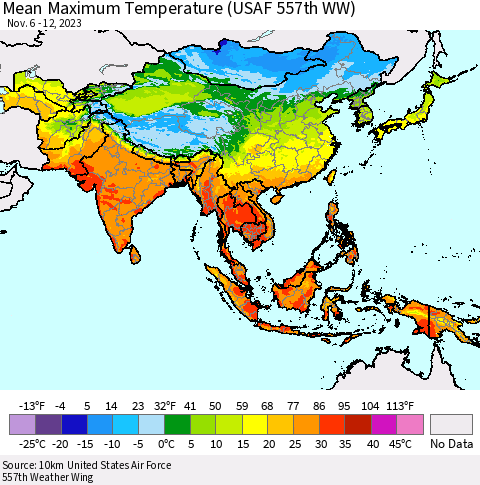 Asia Mean Maximum Temperature (USAF 557th WW) Thematic Map For 11/6/2023 - 11/12/2023