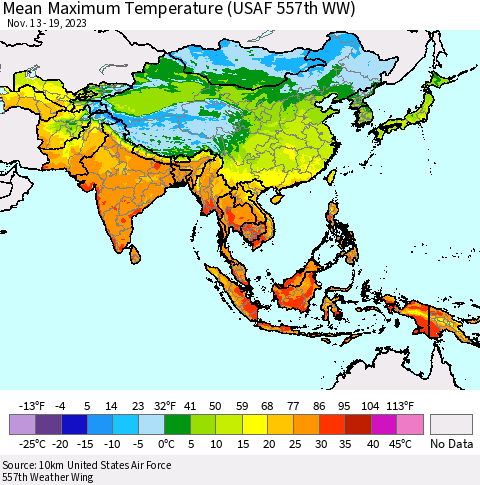 Asia Mean Maximum Temperature (USAF 557th WW) Thematic Map For 11/13/2023 - 11/19/2023