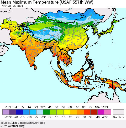 Asia Mean Maximum Temperature (USAF 557th WW) Thematic Map For 11/20/2023 - 11/26/2023