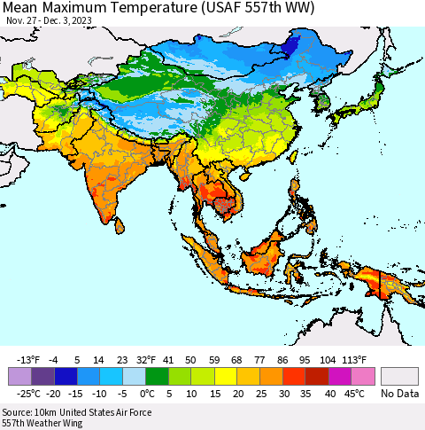 Asia Mean Maximum Temperature (USAF 557th WW) Thematic Map For 11/27/2023 - 12/3/2023