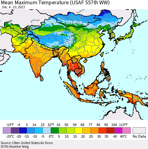 Asia Mean Maximum Temperature (USAF 557th WW) Thematic Map For 12/4/2023 - 12/10/2023