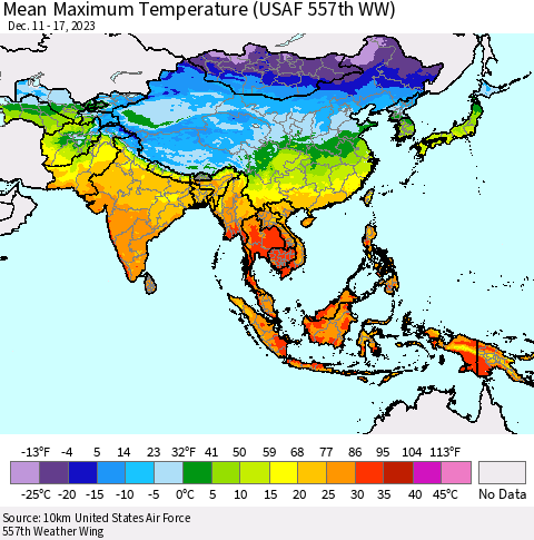Asia Mean Maximum Temperature (USAF 557th WW) Thematic Map For 12/11/2023 - 12/17/2023