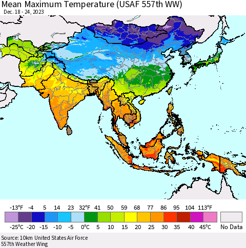Asia Mean Maximum Temperature (USAF 557th WW) Thematic Map For 12/18/2023 - 12/24/2023