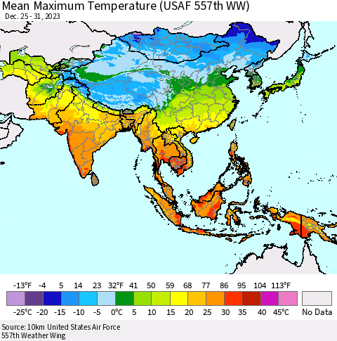 Asia Mean Maximum Temperature (USAF 557th WW) Thematic Map For 12/25/2023 - 12/31/2023