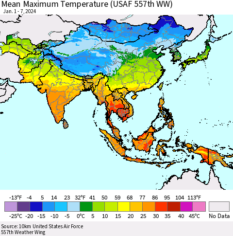 Asia Mean Maximum Temperature (USAF 557th WW) Thematic Map For 1/1/2024 - 1/7/2024