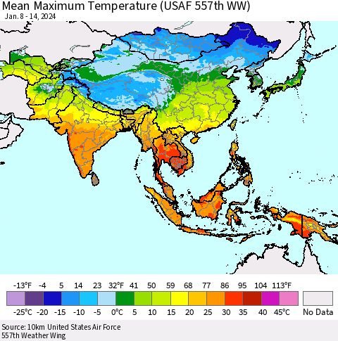 Asia Mean Maximum Temperature (USAF 557th WW) Thematic Map For 1/8/2024 - 1/14/2024
