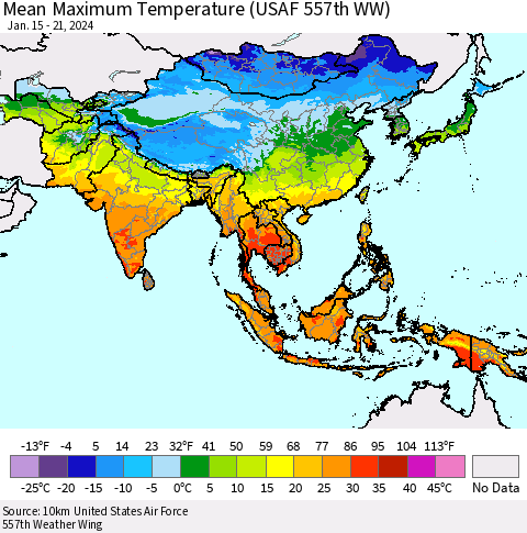 Asia Mean Maximum Temperature (USAF 557th WW) Thematic Map For 1/15/2024 - 1/21/2024