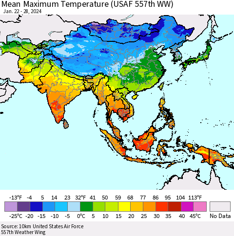 Asia Mean Maximum Temperature (USAF 557th WW) Thematic Map For 1/22/2024 - 1/28/2024