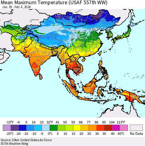 Asia Mean Maximum Temperature (USAF 557th WW) Thematic Map For 1/29/2024 - 2/4/2024