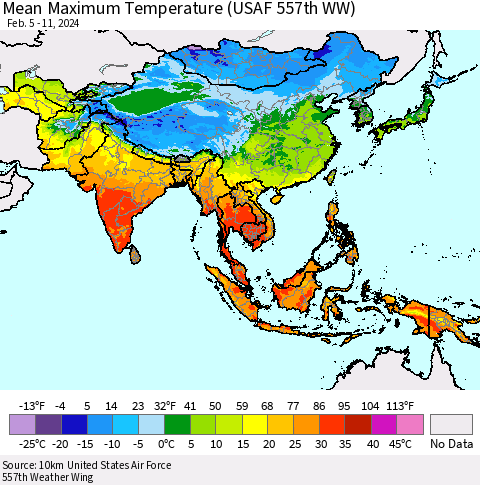 Asia Mean Maximum Temperature (USAF 557th WW) Thematic Map For 2/5/2024 - 2/11/2024