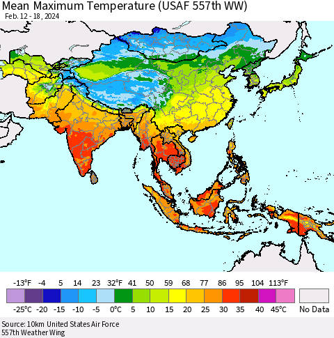 Asia Mean Maximum Temperature (USAF 557th WW) Thematic Map For 2/12/2024 - 2/18/2024