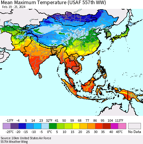 Asia Mean Maximum Temperature (USAF 557th WW) Thematic Map For 2/19/2024 - 2/25/2024