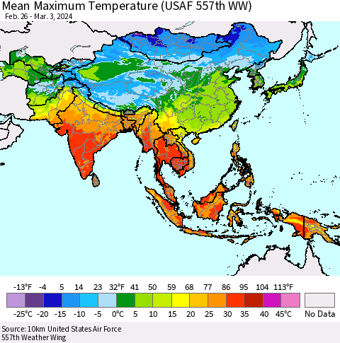 Asia Mean Maximum Temperature (USAF 557th WW) Thematic Map For 2/26/2024 - 3/3/2024