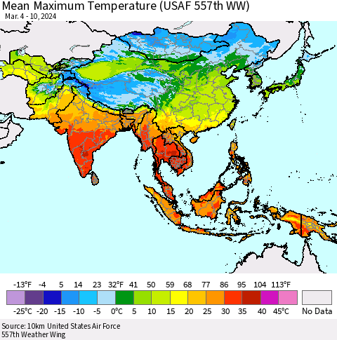 Asia Mean Maximum Temperature (USAF 557th WW) Thematic Map For 3/4/2024 - 3/10/2024