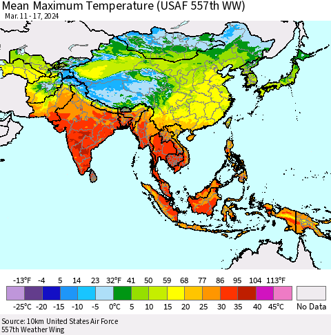 Asia Mean Maximum Temperature (USAF 557th WW) Thematic Map For 3/11/2024 - 3/17/2024