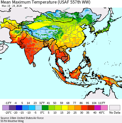 Asia Mean Maximum Temperature (USAF 557th WW) Thematic Map For 3/18/2024 - 3/24/2024