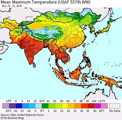 Asia Mean Maximum Temperature (USAF 557th WW) Thematic Map For 3/25/2024 - 3/31/2024