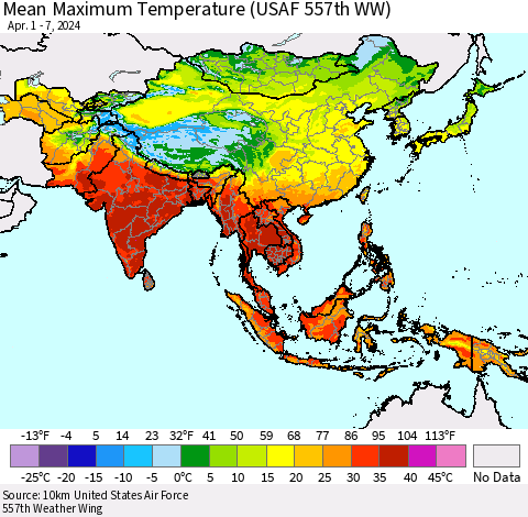 Asia Mean Maximum Temperature (USAF 557th WW) Thematic Map For 4/1/2024 - 4/7/2024
