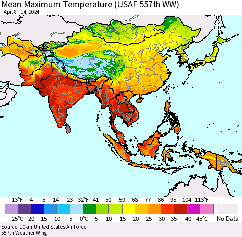 Asia Mean Maximum Temperature (USAF 557th WW) Thematic Map For 4/8/2024 - 4/14/2024