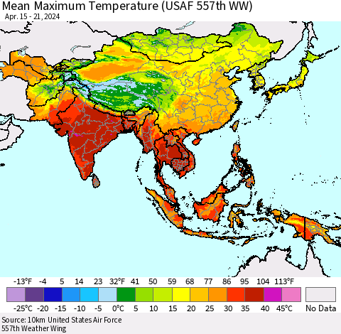 Asia Mean Maximum Temperature (USAF 557th WW) Thematic Map For 4/15/2024 - 4/21/2024