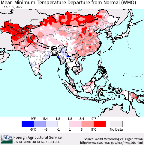 Asia Mean Minimum Temperature Departure from Normal (WMO) Thematic Map For 1/3/2022 - 1/9/2022