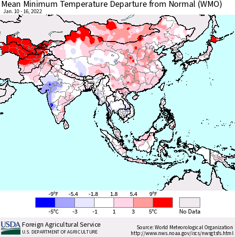 Asia Mean Minimum Temperature Departure from Normal (WMO) Thematic Map For 1/10/2022 - 1/16/2022