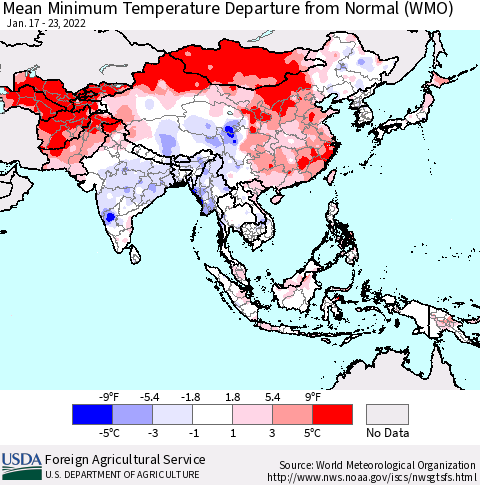 Asia Mean Minimum Temperature Departure from Normal (WMO) Thematic Map For 1/17/2022 - 1/23/2022