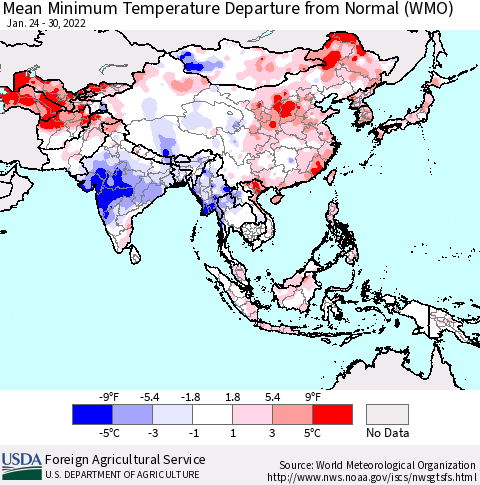 Asia Mean Minimum Temperature Departure from Normal (WMO) Thematic Map For 1/24/2022 - 1/30/2022