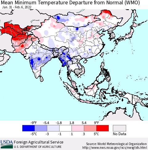Asia Mean Minimum Temperature Departure from Normal (WMO) Thematic Map For 1/31/2022 - 2/6/2022