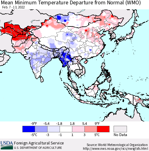 Asia Mean Minimum Temperature Departure from Normal (WMO) Thematic Map For 2/7/2022 - 2/13/2022