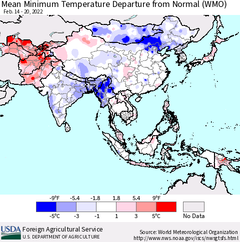 Asia Mean Minimum Temperature Departure from Normal (WMO) Thematic Map For 2/14/2022 - 2/20/2022