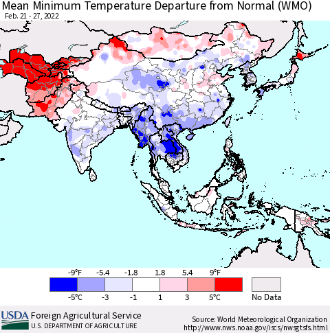 Asia Mean Minimum Temperature Departure from Normal (WMO) Thematic Map For 2/21/2022 - 2/27/2022