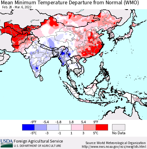 Asia Mean Minimum Temperature Departure from Normal (WMO) Thematic Map For 2/28/2022 - 3/6/2022